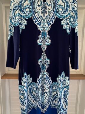 Donna Morgan Navy, White and Teal Paisley Long Sleeve Sheath Dress